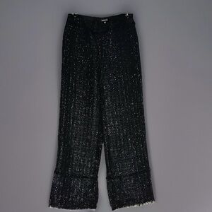 Black Tweed Wide-Leg Fringe-Hem Pants